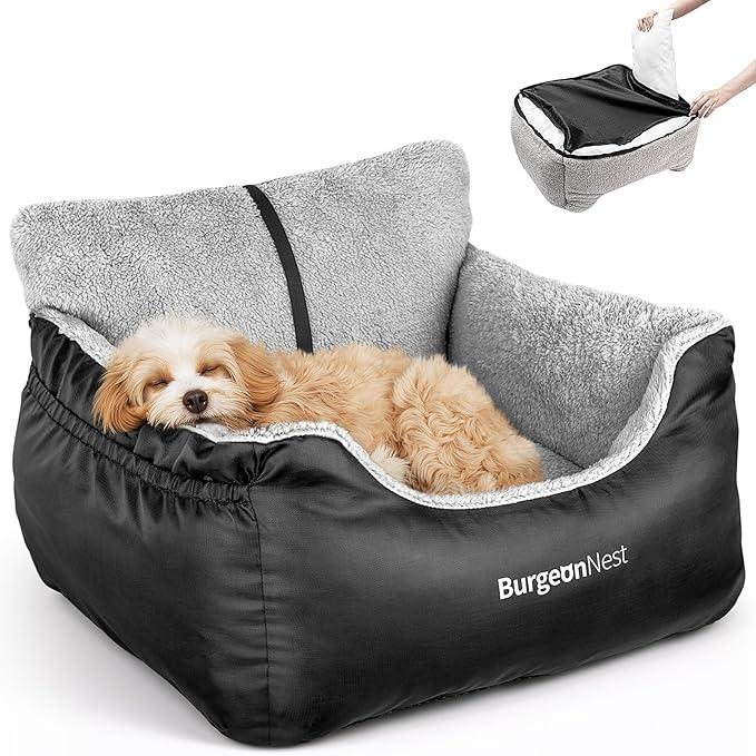 BurgeonNest Dog Car Seat for Small Dogs, Soft Pet Car Travel Home Bed Under 25 lbs, Fully Detachable and Washable Cat Booster Carseats with Storage Pockets and Clip-On Leash Portable Carrier, Black