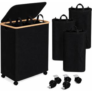 3-Section 160L rolling Laundry Hamper with Wheels and Lid,Black, Extra large