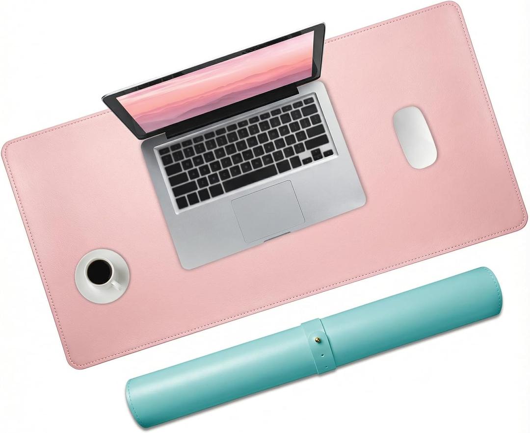 Double-Sided Leather PU Large Mouse pad, Computer Desk pad Non-Slip, Waterproof, Easy to Clean, Suitable for Office and Home Office Writing (Light Pink and Lake Blue, 31.515.7 Inches)