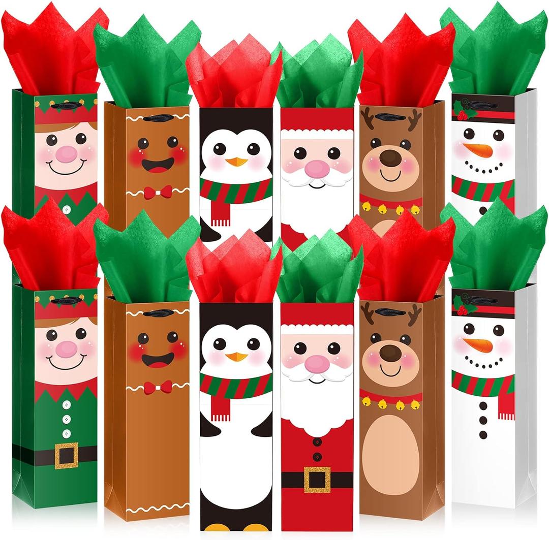 12 Pack Christmas Wine Gift Bags with Tissue Papers Xmas Wine Wrapping Bags Paper Buffalo Plaid Bottle Gift Tote with Handles Tissue Papers for Christmas New Year Wedding Decor (Multicolor, Santa)