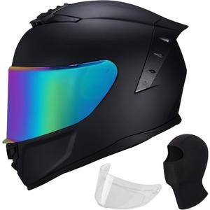 Full Face Motorcycle Helmet,Helmets for Adults Motorcycle, MG611 Motorbike Racing Street Bike Helmets with Black Visor for Men Women,DOT Approved (Matte Black-Colorful+ Mask, M)