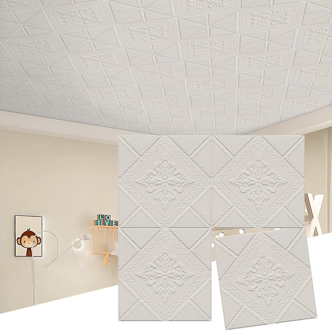 Ceiling Tiles 13.8x13.8 inch, 16 Pcs Ceiling Tiles Peel and Stick Covering 21 sq.ft Self-Adhesive Waterproof for Interior Wall Decor (Geometric Floral)