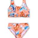 Arshiner Girls Two Piece Swimsuits Teen Bathing Suit Kids High Waisted Bikini Padded Tankini Summer Beach Swimwear Set (Size 10-12, Tropical Floral Print)