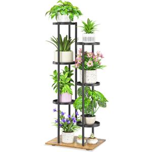 iDavosic.ly 6 Tier Plant Stand Indoor Outdoor, Tiered Corner Multiple Flower Pot Holder Shelf, Metal 44 Inch Tall Display Rack for Patio Porch Living Room Garden Balcony, Modern Black & Rustic Brown