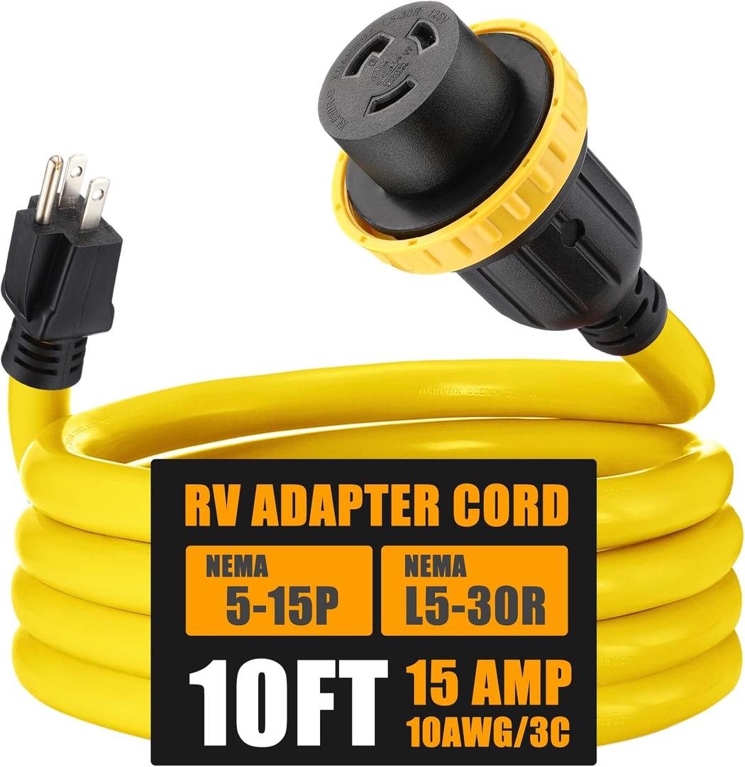 Kanayu 10ft 30 Amp to 15 Amp 110 Volt RV Adapter Cord Compatible with NEMA 5-15P to L5-30R, 3 Prong Locking Power Adapter 15A Household Male to 30A RV Female for Trailer Camper