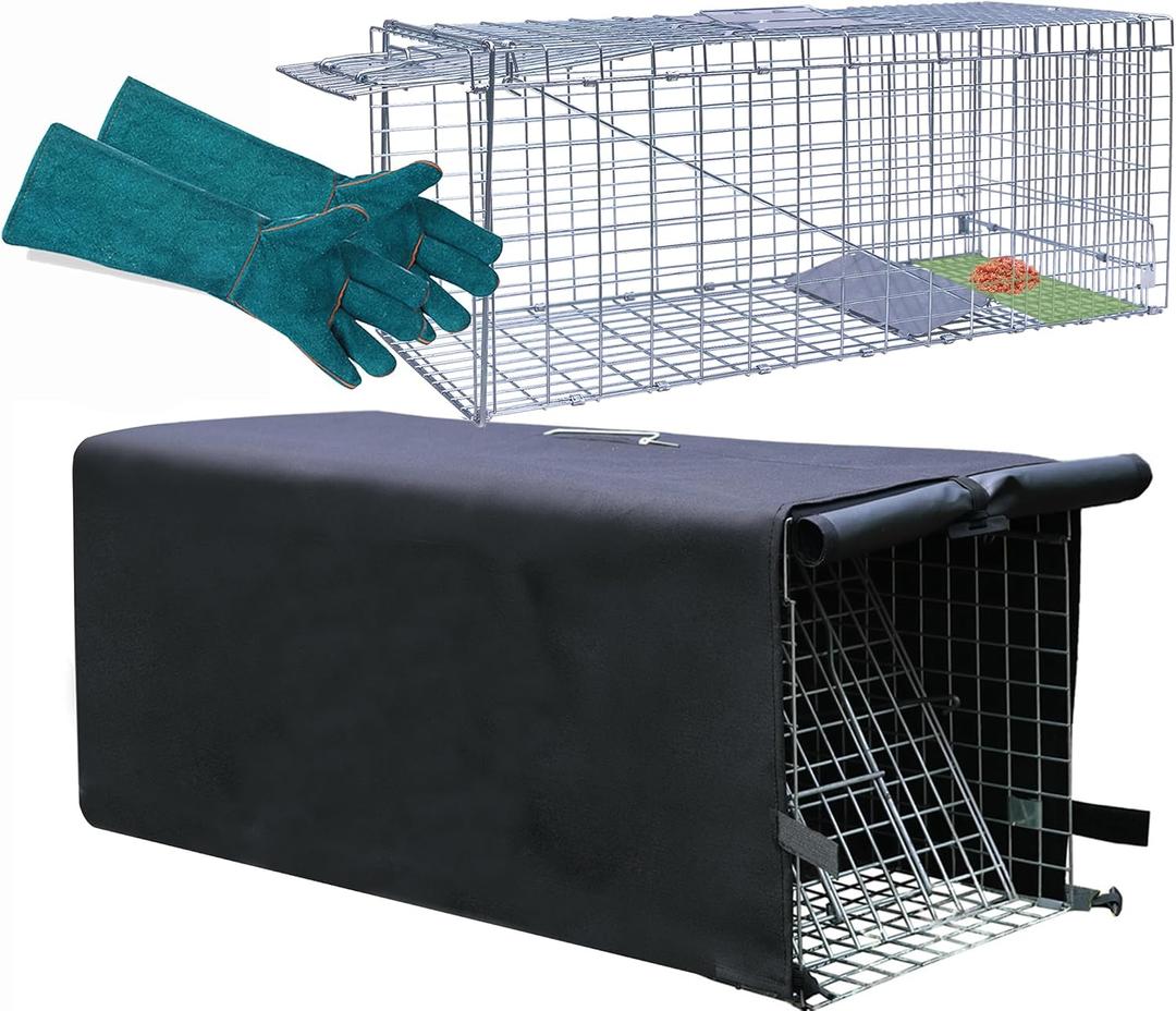 Live Animal Trap Cage with Cover & Gloves, Cat Trap for Stray Cats 32 Inch Heavy Duty Folding Skunk Traps with Real Door for Raccoons, Opossums, Skunks, Feral Cats, Squirrels-(32 x 10 x 12 inches)