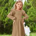 Danna Belle Girls Sweater Dress Lantern Sleeve Ruffled Fall Winter Dresses 5-12Y (Beige)