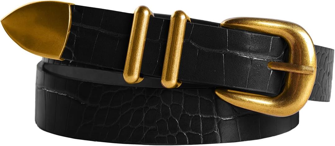 Scarlet Darkness Women Synthetic Leather Belts with Buckle 23mm Wide Belt for Jeans Pant Dress (Small, Textured Black Gold Buckle)