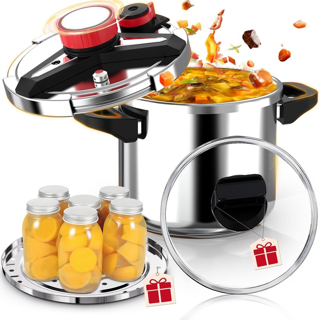 18/8 Stainless Steel Pressure Cooker 12.5 Quart, [One-Hand Locking] Olla de Presion, [3-In-1] Pressure Canner, Induction Compatible, Gas Stovetop Compatible,Includes Glass Lid & Steamer Rack