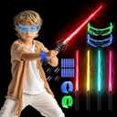 SANCO Light Up Sabers Set for Kids - 4 Pack 7 Colors Retractable Mechanical Claw Power Swords with FX Sound, 2PCS LED Glasses & Wristbands, Glowing Toys for Christmas, Birthday Gifts for Boys & Girls