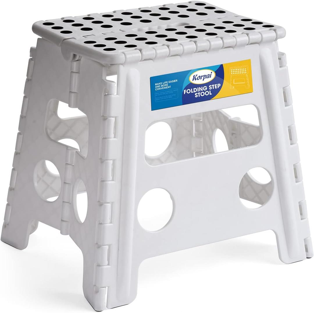 Korpai 13" Folding Step Stool for Adults and Kids Holds Up to 300 lbs,Non-Slip Folding Stools with Portable Handle, Compact Plastic Foldable Step Stool for Bathroom,Bedroom, Kitchen,White,1PC