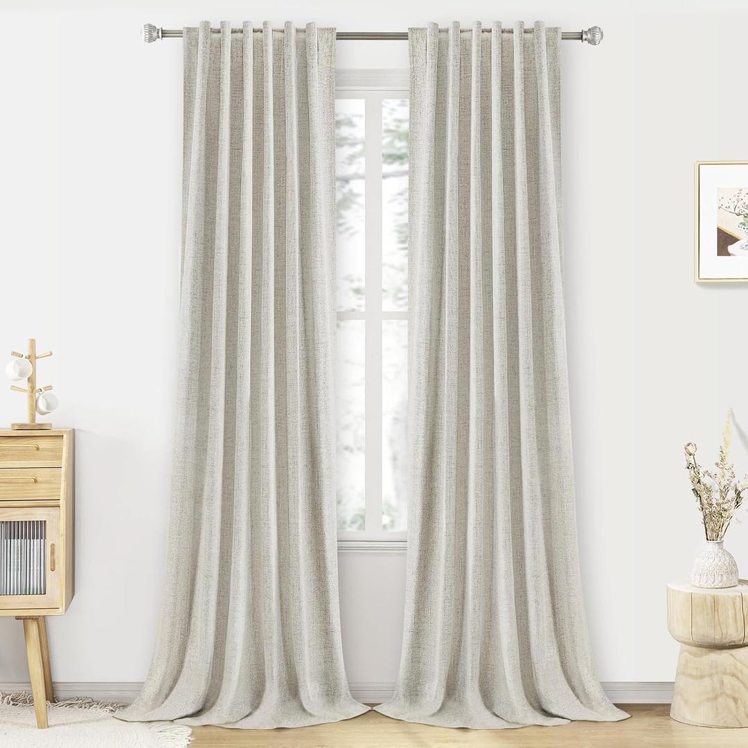 PANGSINNE 100% Blackout Linen Curtains 96 inch Length - 2 Panels Set Thermal Insulated Black Out Drapes for Living Room Bedroom Back Tab/Rod Pocket Room Darkening Window Curtain 8 FT, 52"W x 96"L