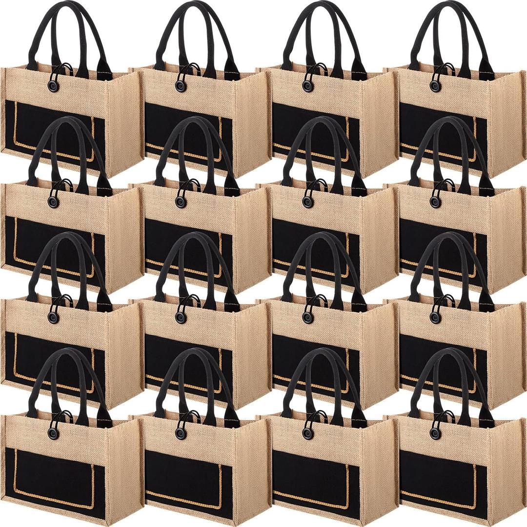 16 Pieces Jute Burlap Totes Jute Tote Bags Reusable Burlap Bags with Handles for Wedding Shopping, 11.8 x 7.87 x 5.5 Inches (Black,Classic)