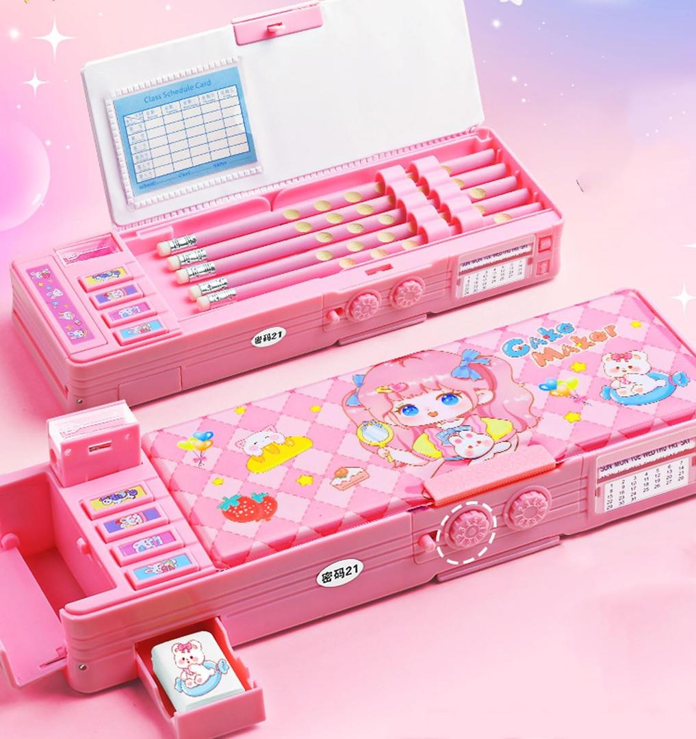 Pop up Multifunction Pencil Case for Kids, kawaii Pen Box Bag Pencil Holder for School Students,Cute Pencil box for Girls and Boys with Sharpener,Password Lock, Schedule, Whiteboard (Pink3)