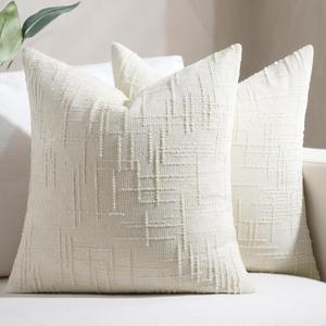 Softalker Textured Chenille Throw Pillow Covers - Cream 18x18 Inch Set of 2 White Farmhouse Boho Modern Accent Decorative Neutral Cushion Covers for Couch Sofa Bed Living Room, Home Decor