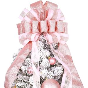 Christmas Tree Topper, 40x13 Inches Toppers Bow with Glitter Satin Mesh Streamer and Patterned Ribbon, Christmas Tree Topper Bow for Christmas Home Decoration (Rose Gold)