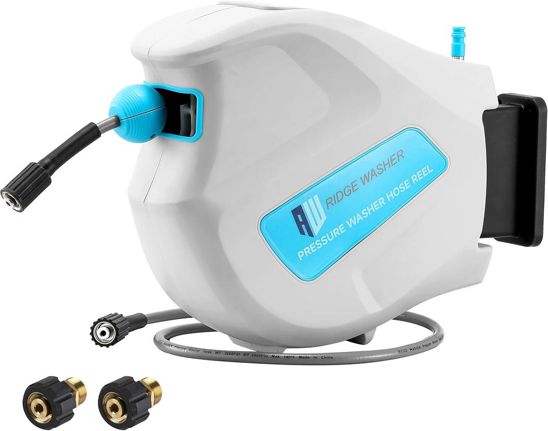RIDGE WASHER Pressure Washer Hose Reel, 65FT X 1/4'' Power Washer Hose Reel, Auto Rewind Wall Mounted Retractable Hoses Reel, 3600 PSI
