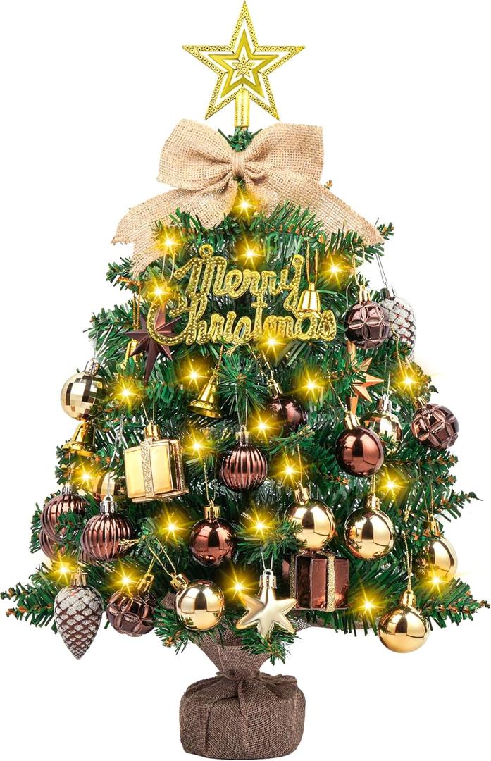 SVNVIOZ 2FT Small Tabletop Christmas Tree with Lights, Mini Artificial Christmas Tree with Bronze Gold Ornaments, Xmas Tabletop Christmas Tree for Holiday Home Decoration