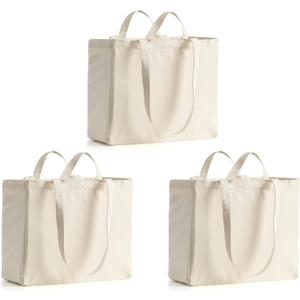 LINICE Canvas Tote Bag Reusable Grocery Bags with Long Shoulder Strap and Short Handle Foldable Heavy Duty Washable (3 Pack) | Long / Short Handles