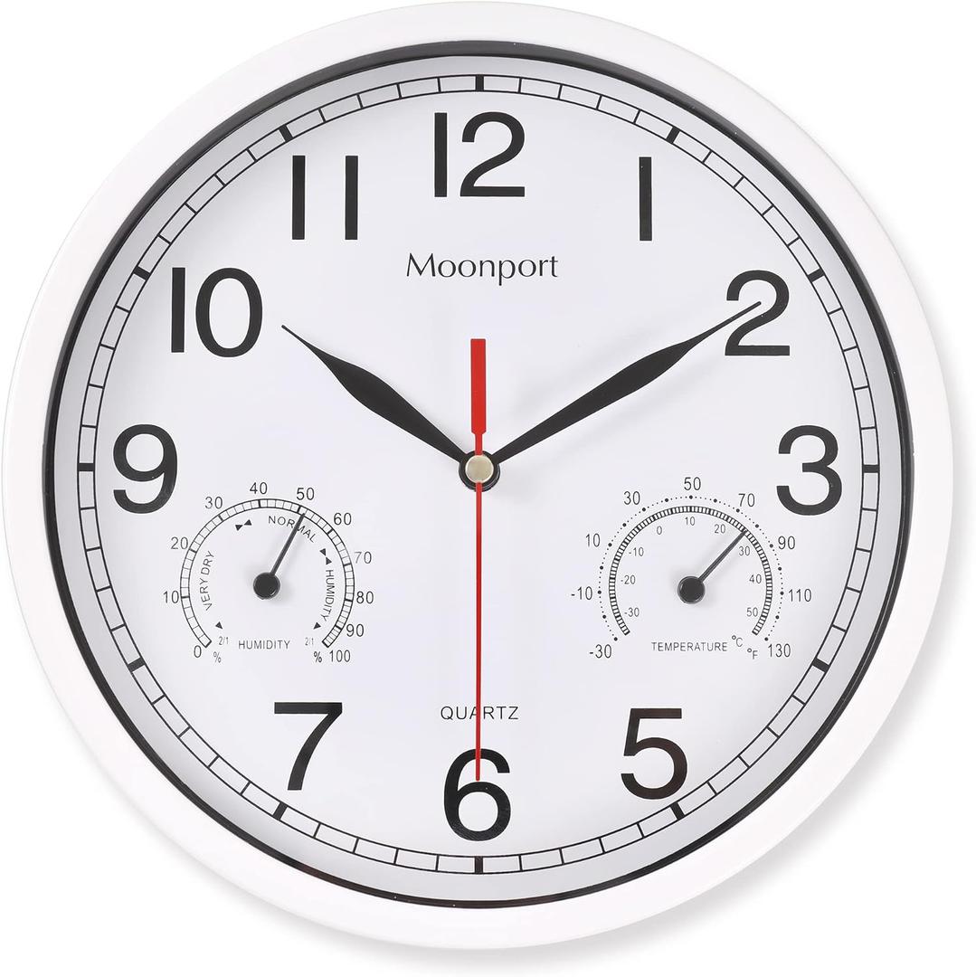 Moonport Wall Clock with Temperature, Silent Small White Clock with Hygrometer, Room Thermometer Clocks for Living Room/Kitchen/Bathroom/Nursery/Bedrooms