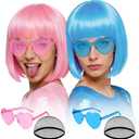 MEEZY 2 Pcs Colorful Bob Wigs with Bangs Pink Sky Blue for Women, Neon Funny Wig Short Bob Hair with Heart Sunglasses Hair Cap for Halloween Costume Cosplay Birthday Bachelorette Party Carnival