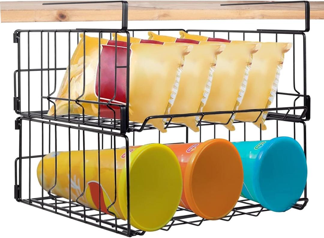 Hanging Under Shelf Storage Basket, 2 Pack Foldable Under Cabinet Metal Desk Storage Wire Rack Organizer for Kitchen Pantry Bookshelf Office Home, Easy to Install Slide-in Under Shelves (Black)