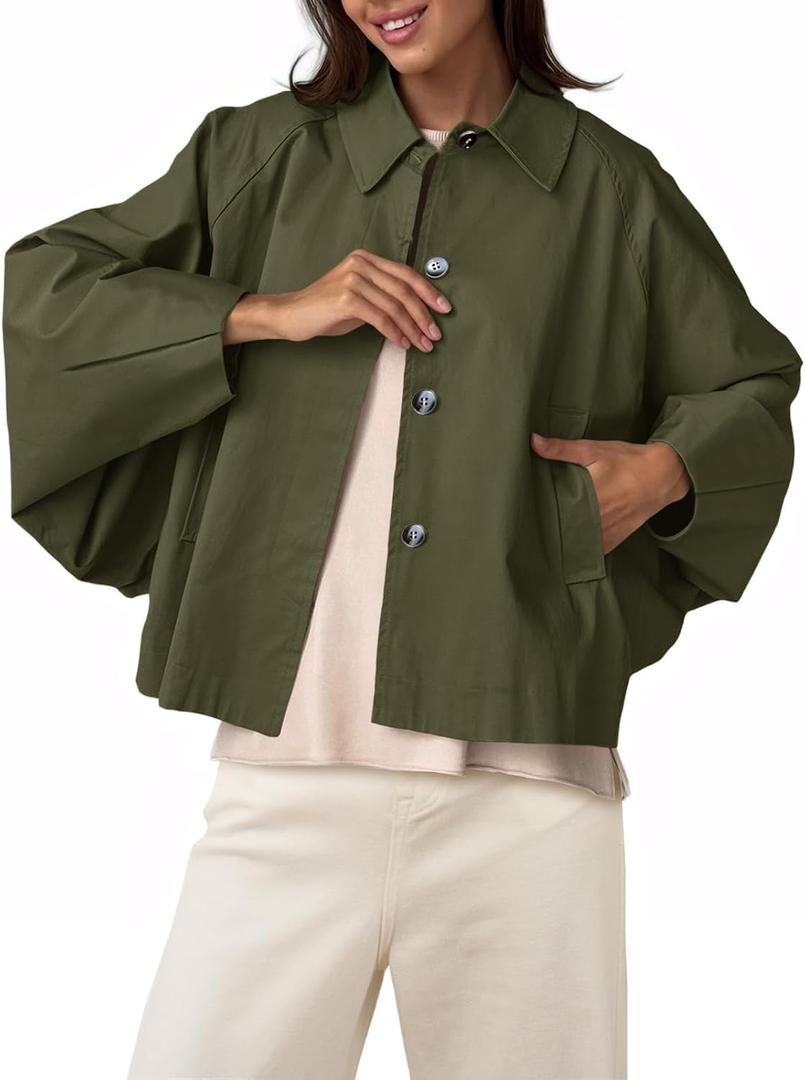 Cicy Bell Womens Cropped Jacket Lightweight Batwing Sleeve Trendy Casual Short Trench Coats Button Up Outerwear (Green)