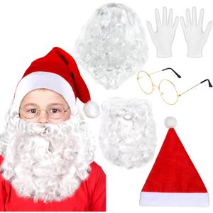 Eurzom 5 Pcs Christmas Santa Costume Set White Santa Claus Wig and Beard Christmas Hat Glasses and Gloves for Christmas Cosplay Party Photo Prop