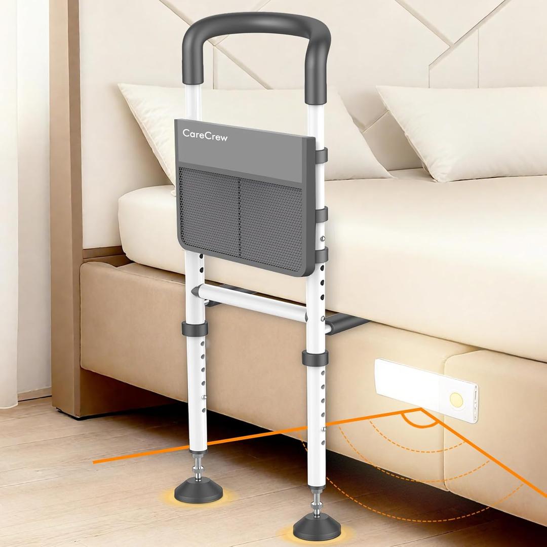 Bed Rails for Elderly Adults Safety: Bed Rails for Seniors with Motion Lights & Storage Pouch, Adjustable Bedside Grab Bar, Bed Cane with Strong Support Leg