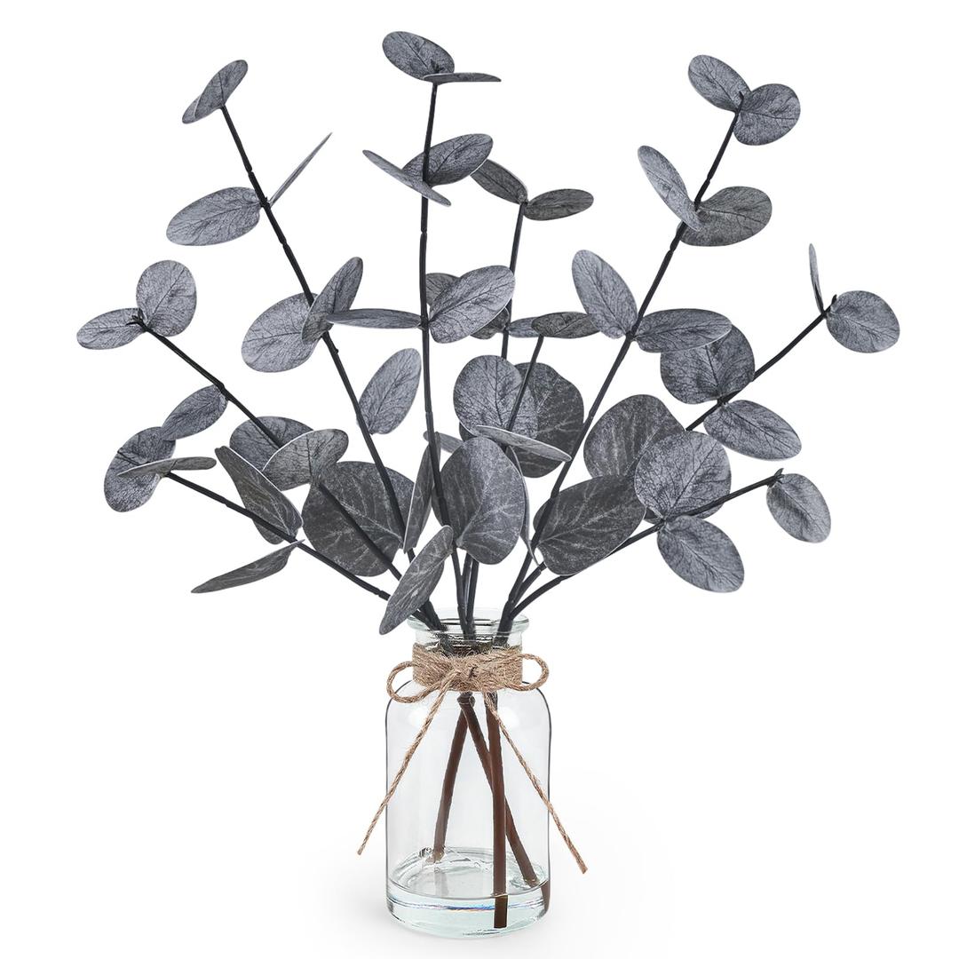Bessol Artificial Eucalyptus Stems in Glass Vase with Faux Water Halloween Decor, 14 Fake Plants for Home Decor Table Centerpieces Office Bathroom Faux Plants Indoor Black Decorations
