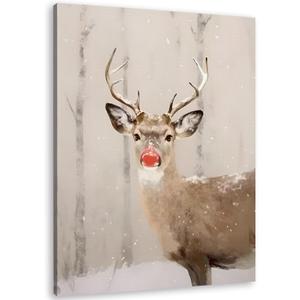 TLESKE Winter Christmas Red Nose Deer Reindeer Wall Art Decor, Vintage Rustic Deer Canvas Wall Art Print for Farmhouse Living Room Bedroom, Funny Winter Christmas Moose Wall Artwork Picture, 11x14