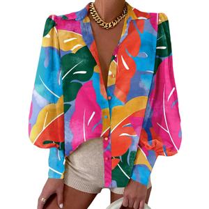 BTFBM Women Fashion Button Down Shirts V Neck Printed Solid Boho Long Sleeve Blouses Dressy Casual Summer Fall Tops (X-Large, Multicolored)