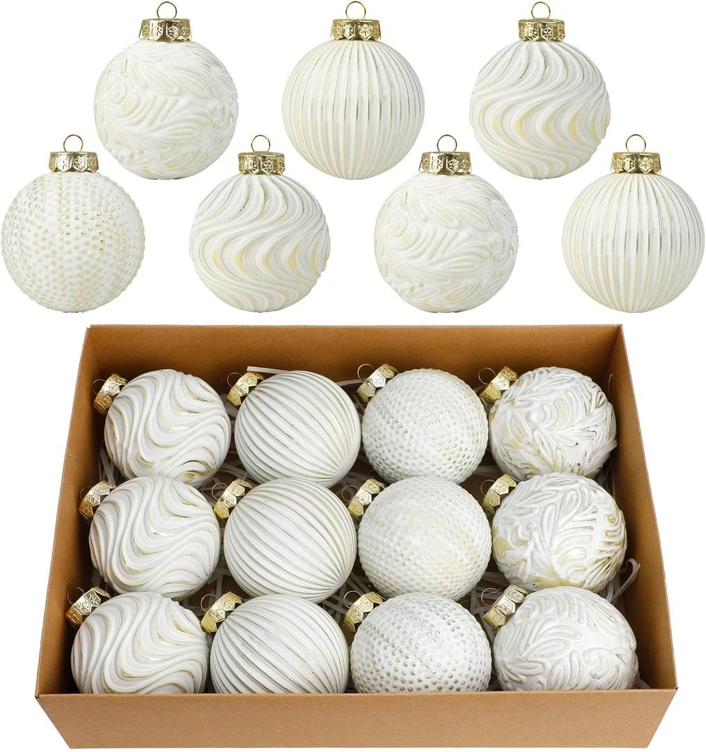 White and Gold Christmas Ornaments Set, 12 Pcs 3.15 inches Christmas Tree Decorations Large Shatterproof Vintage Neutral Farmhouse Xmas Ornaments for Christmas Tree Home Decor Indoor Outdoor