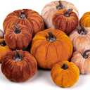 Whaline 12Pcs Fall Faux Velvet Pumpkins Thanksgiving Harvest Artificial Fake Pumpkin Rustic Assorted Sizes Orange Brown Khaki Small Foam Pumpkins for Fall Wedding Party Home Table Decor