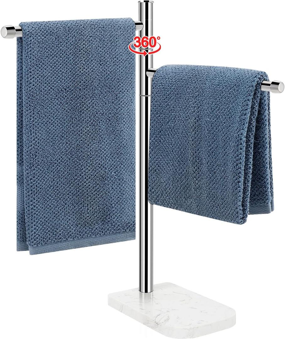 Hand Towel Holder, F-Shape Hand Towel Stand with Marble Base, Stainless Steel Swivel Hand Towel Rack Bar Standing for Bathroom Kitchen Countertop, 2 Arms (Chrome Finish)