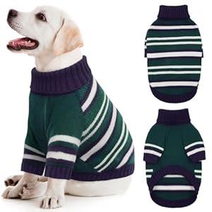 Kuoser Dog Sweater, Warm Dog Sweaters for Medium Dogs, Turtleneck Thick Medium Dog Sweater Christmas Outfit, Pet Winter Clothes Doggie Knitwear Girl Boy for Holiday Thanksgiving, Green&Navy Strips M