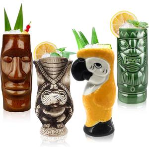 Cocktail Tiki Mugs Set of 4 - Large Ceramic Hawaiian Cocktail Mugs Drinkware, Cute Exotic Cocktail Glasses, Tiki Bar Professional Hawaiian Party Barware - TKSET0011