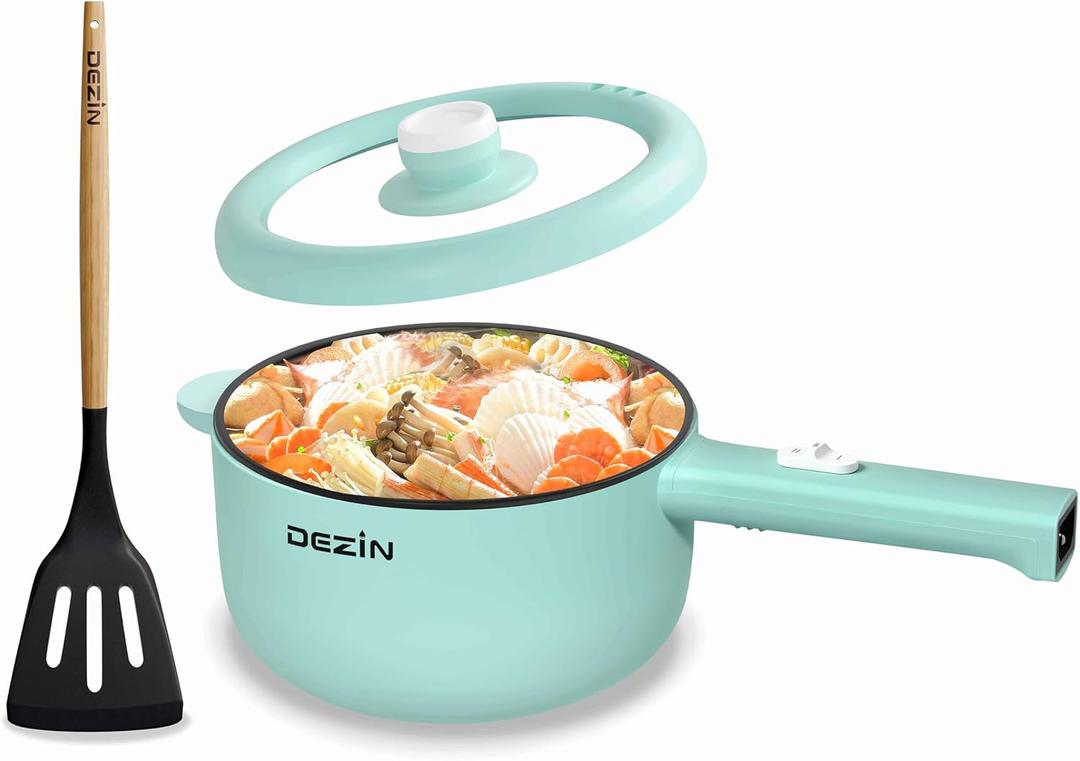 Dezin Hot Pot Electric, 2L Non-Stick Saut Pan, Rapid Noodles Cooker, Mini Portable Pot for Steak, Egg, Fried Rice, Ramen, Oatmeal, Soup with Power Adjustment & Spatula, College Dorm Room Essential (Sage Green)