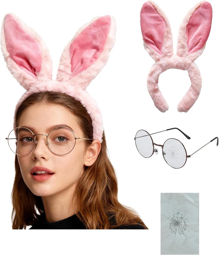 2 x 3PC Women Men Pink Ear Headband Rabbit Bunny Cosplay Props Glasses For Easter Christmas