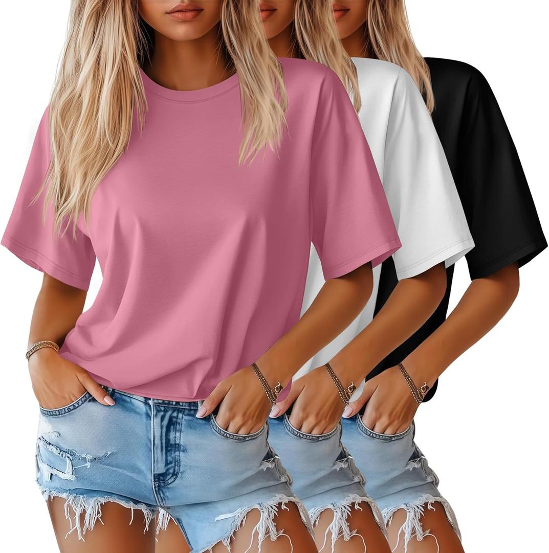 Huukeay 3 Pack Women's Half Sleeve T-Shirts, Crew Neck Elbow Length Tops Loose Casual Basic Tees Summer Cotton Tunic Tops (XX-Large, Black, Peach Pink, White)