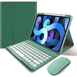 Keyboard Case Mouse Compatible with iPad Air 11 inch M2/ Air 5th 4th Generation/iPad Pro 11 4th/3th/2th/1st Gen Keyboard Case Round Key Cute Removable Color Keyboard,Dark Green