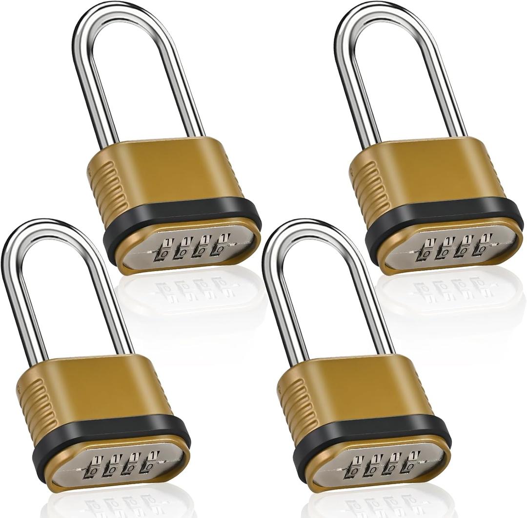 4 Pack Long Shackle Combination Padlock - 105mm Heavy Duty Combination Locks, Outdoor Waterproof Combo Lock for Outdoor Fence, Locker, Sheds, Gym, Gate Hasps- Golden (4pcs, Long Shackle)