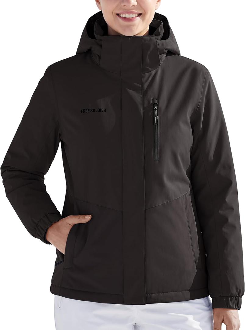 FREE SOLDIER Women's Waterproof Ski Jacket Fleece Lined Warm Winter Snow Coat Windproof Hooded Raincoat (Large, Black)
