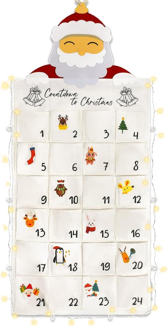 Advent Calendar 2024, Hanging Advent Calendar with Pockets Countdown to Christmas with String Lights Timer, 5.1 * 2.23ft Empty Advent Calendars to Fill Fabric Holiday Christmas Decorations