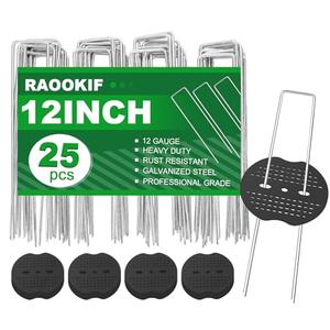 RAOOKIF Landscape Staples 12 Inch, 25 Pcs Galvanized Landscape Stakes with 25 Pcs Gaskets, 11 Gauge Heavy Duty U-Shaped Garden Staples for Weed Barrier Fabric, Tent, Lawn, Fence, Outdoor Decor