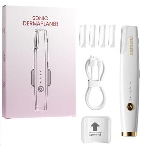 Dermaplane for Women Face Eyebrow Trimmer Peach Fuzz Facial Hair Removal with Led Light 3 Speeds Rechargeable Dermaplaning Tool with 4 Replaceable Blades(Gold)