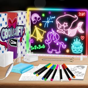 16" LED Drawing Board for Kids - Light Up LED Note Board with Colors & 18 Tracing Stencils, Birthday Gifts for Girls Ages 5-12, Glow Doodle Pad Art Set, 39PCS (White)