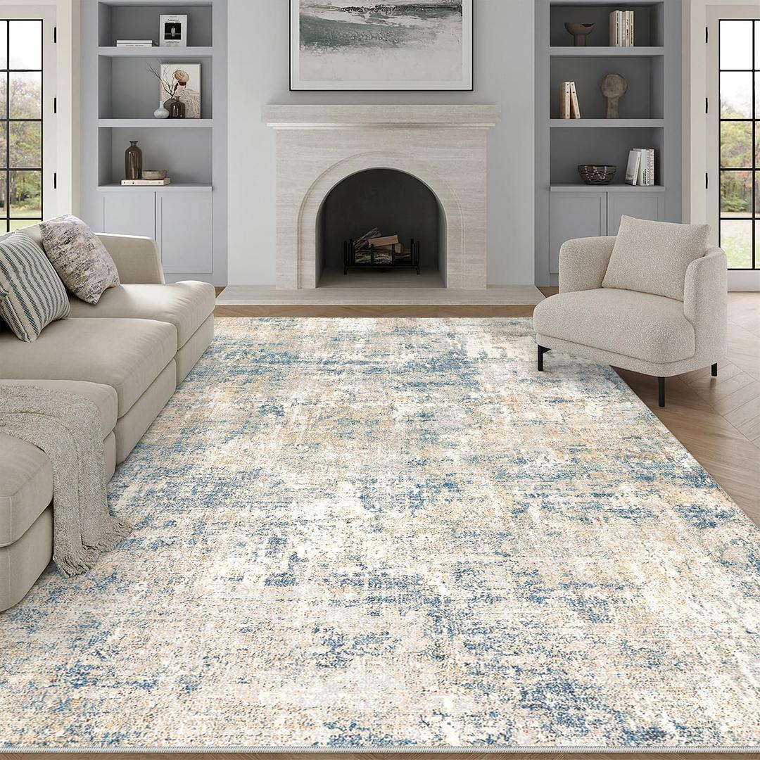 Machine Washable Area Rug 8x10 Blue Brown Large Living Room Indoor Accent Rug Neutral Modern Abstract Low Pile Carpet Non Slip Distressed Throw Rug Bedroom Office Dining Room
