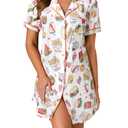 LYANER Women's Printed Nightgown Short Sleeve Sleepshirt Button Down Nightshirt Sleepwear Burger and Fries White Large