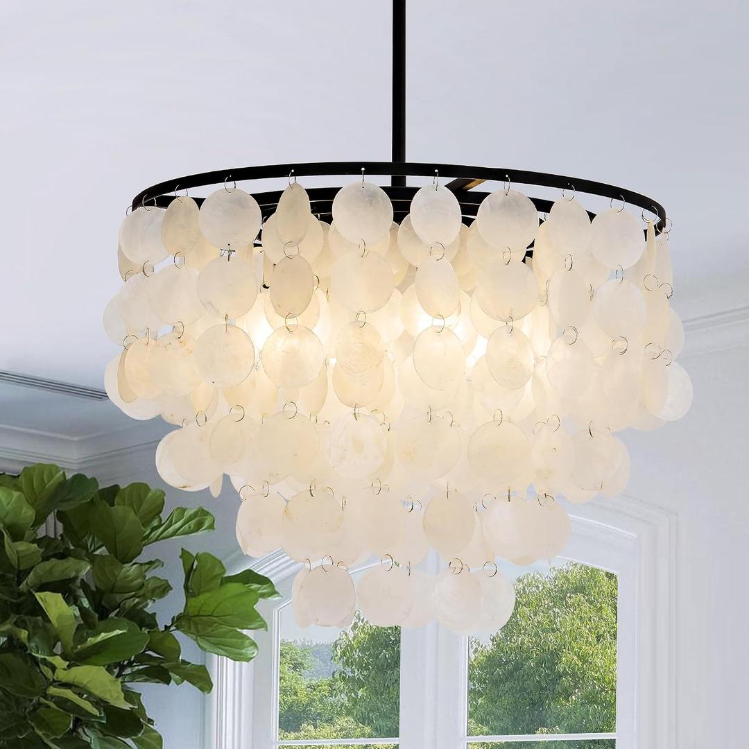 17.7” Capiz Shell Chandelier, 4-Light Coastal Modern Chandeliers, Black Hanging Pendant Light for Dining Room, Living Room, Bedroom, Kitchen Island, Bathroom Chandeliers Over Tub
